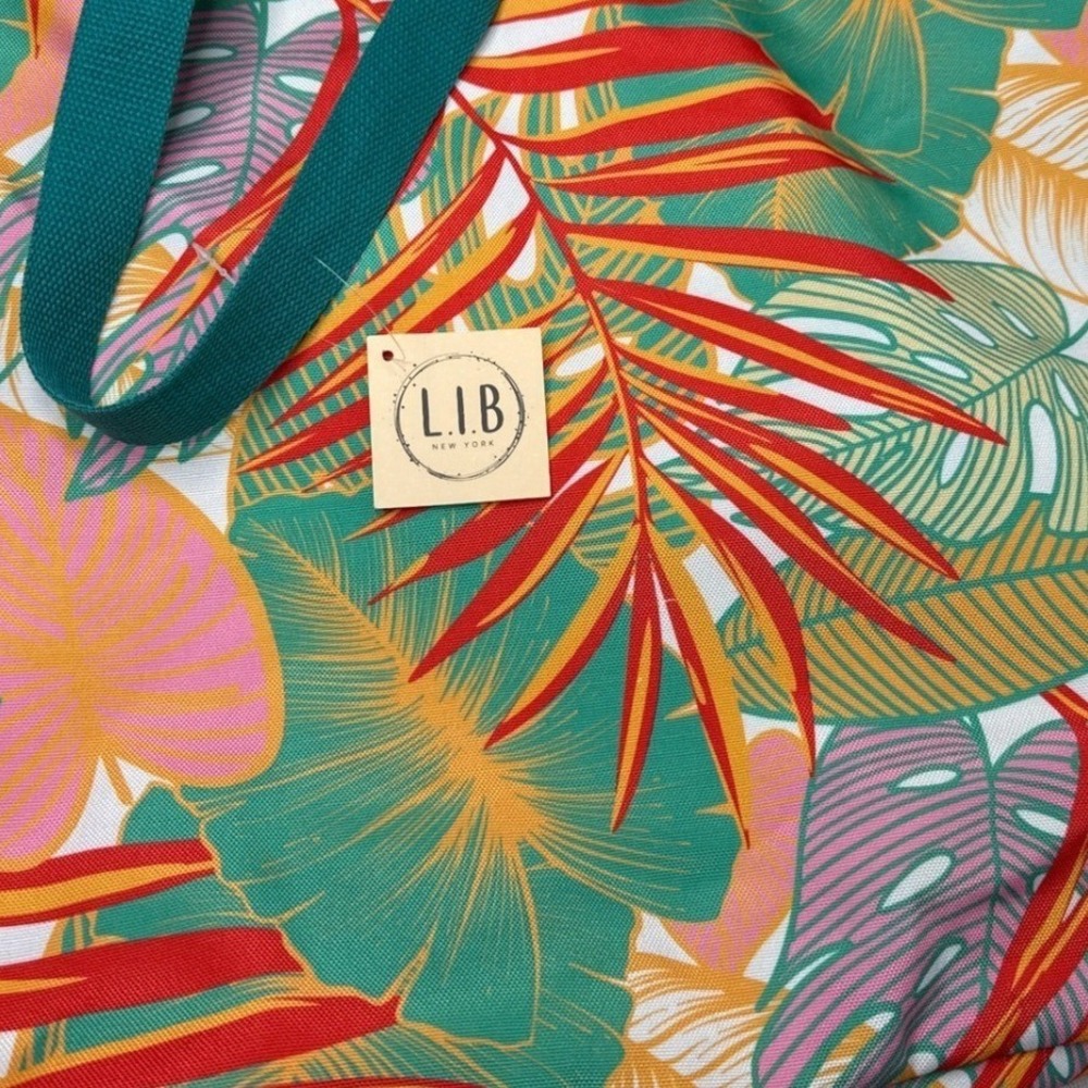 LIB New York Tropical Floral Print Tote Bag Green Handle Canvas Shopper
